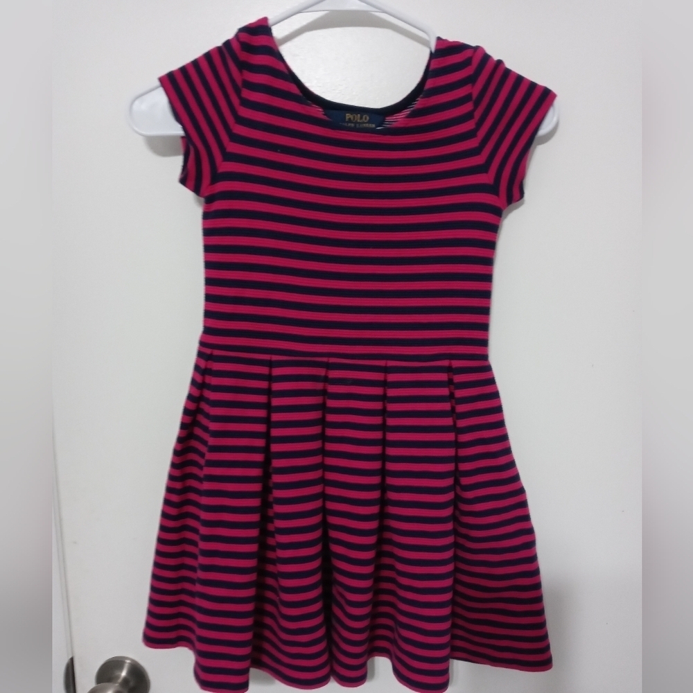 Polo Ralph Lauren Girl's 6X short sleeve pink Navy blue stripe Knee length dress